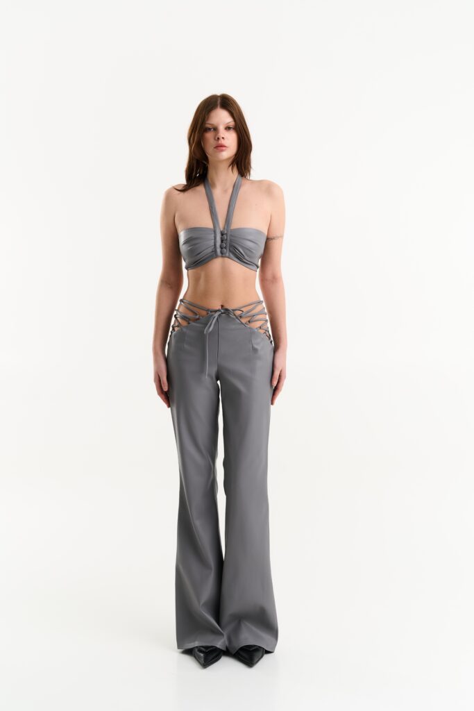 Flared leg grey pants with ties (SKU 738/1.1) in the online store
