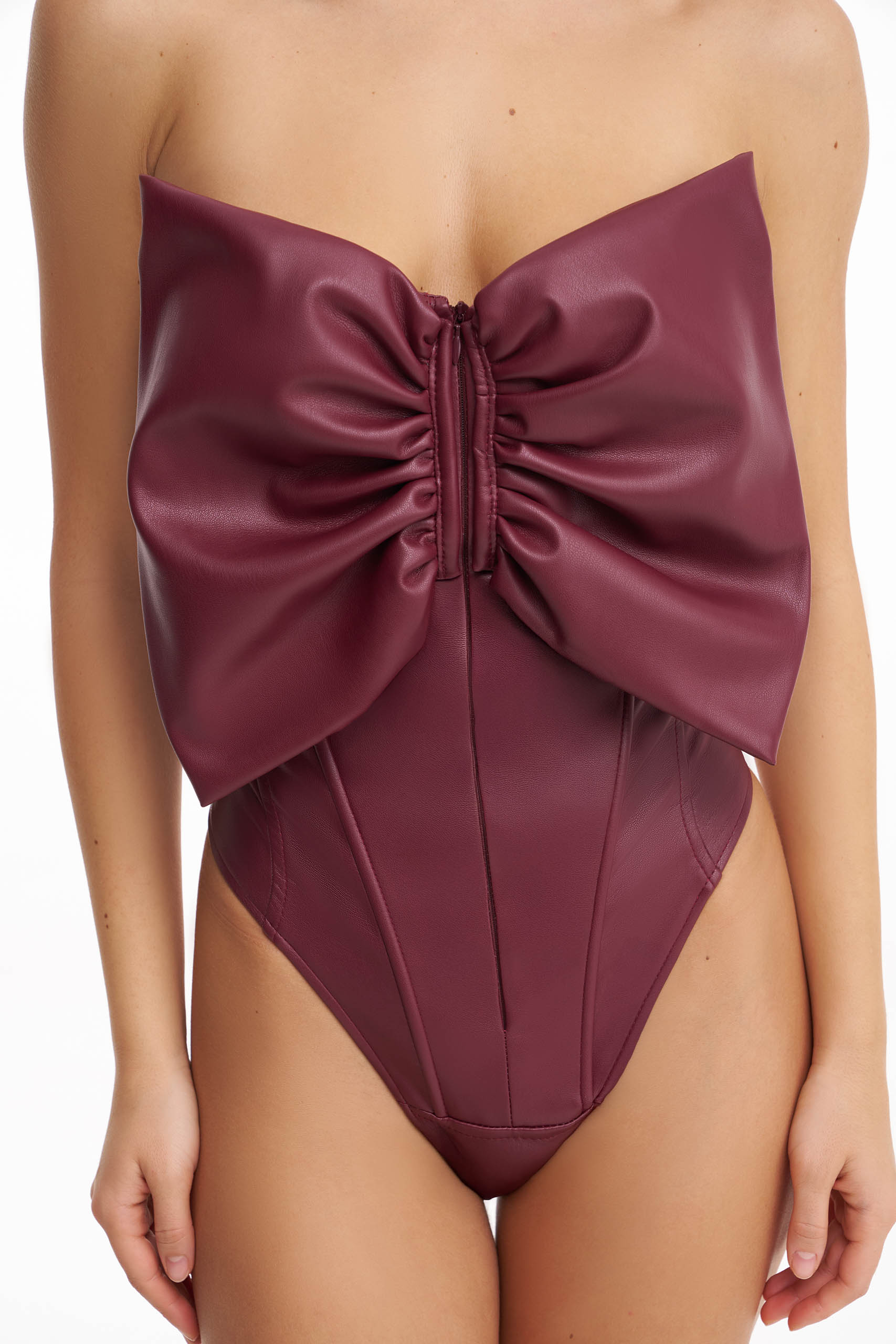 Burgundy corset bodysuit with a bow (SKU 750/13)