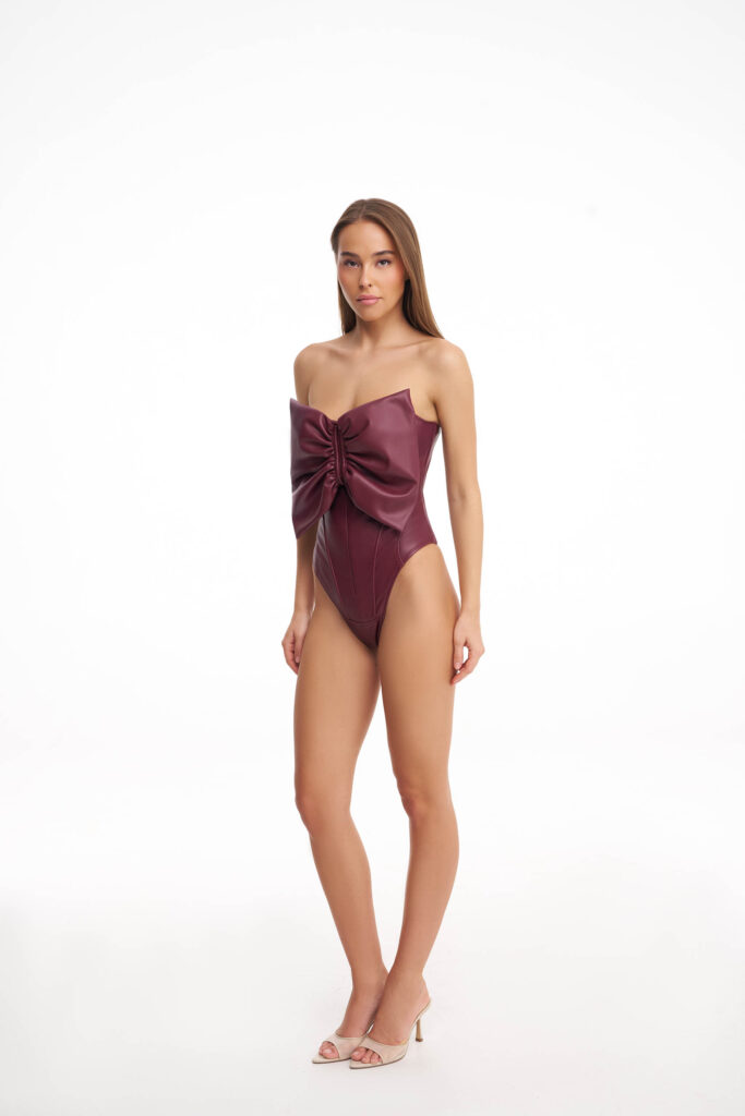 Burgundy corset bodysuit with a bow (SKU 750/13)