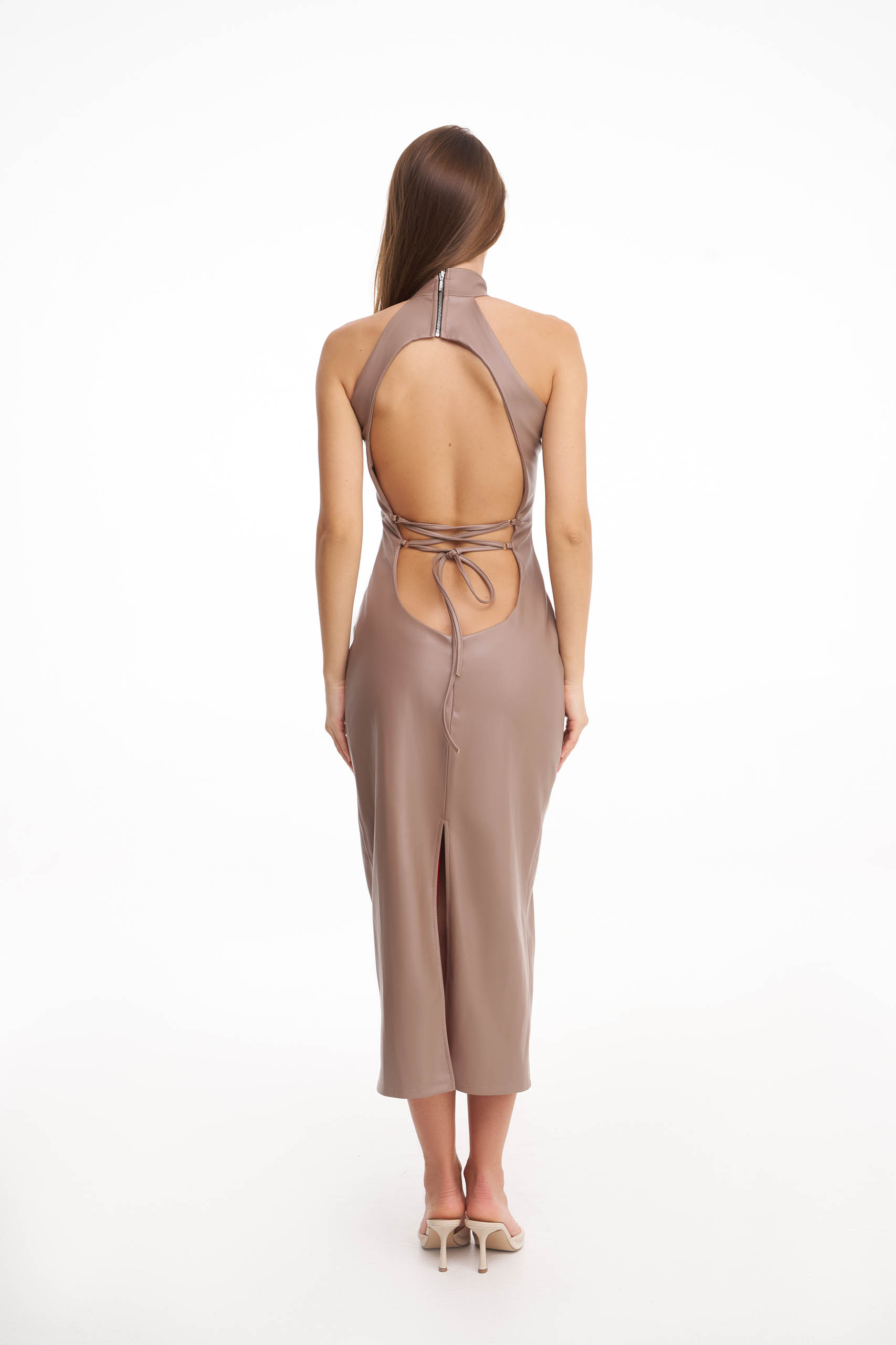 Beige open-back midi dress