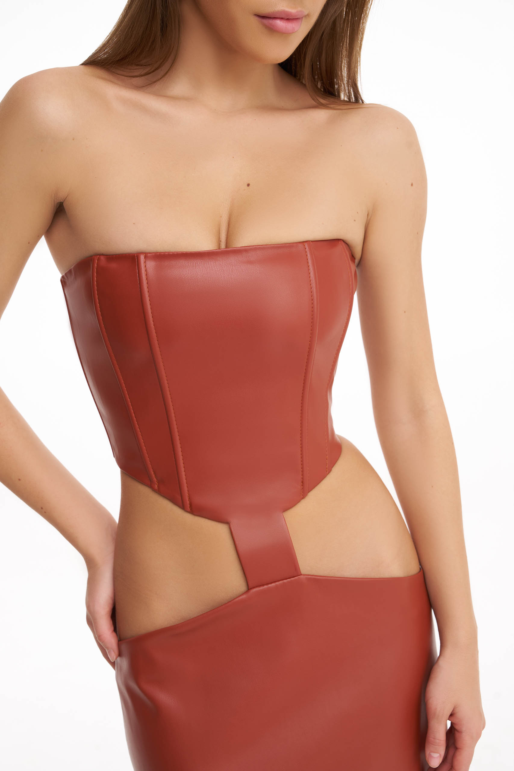 Terracotta corset midi dress with cut-outs