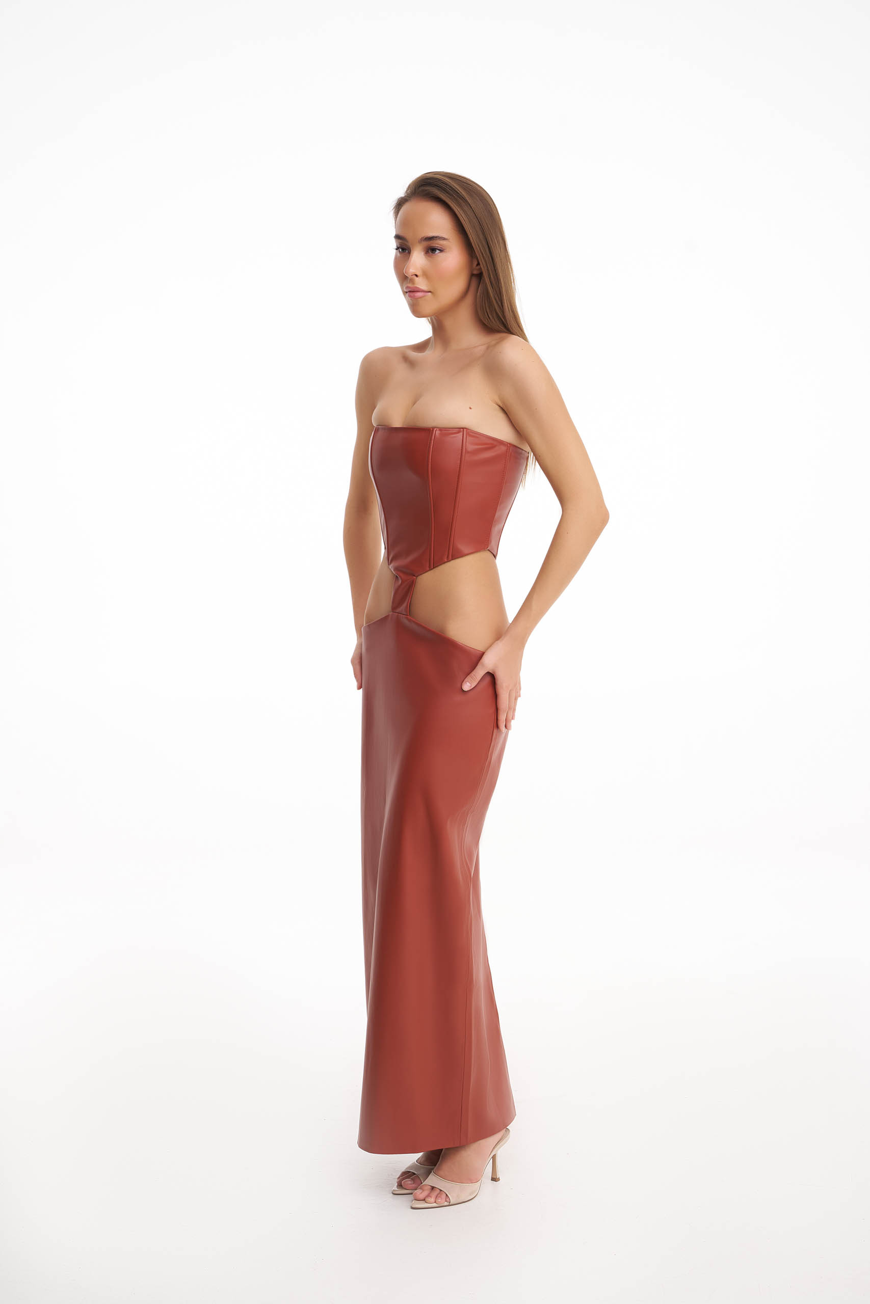 Terracotta corset midi dress with cut-outs