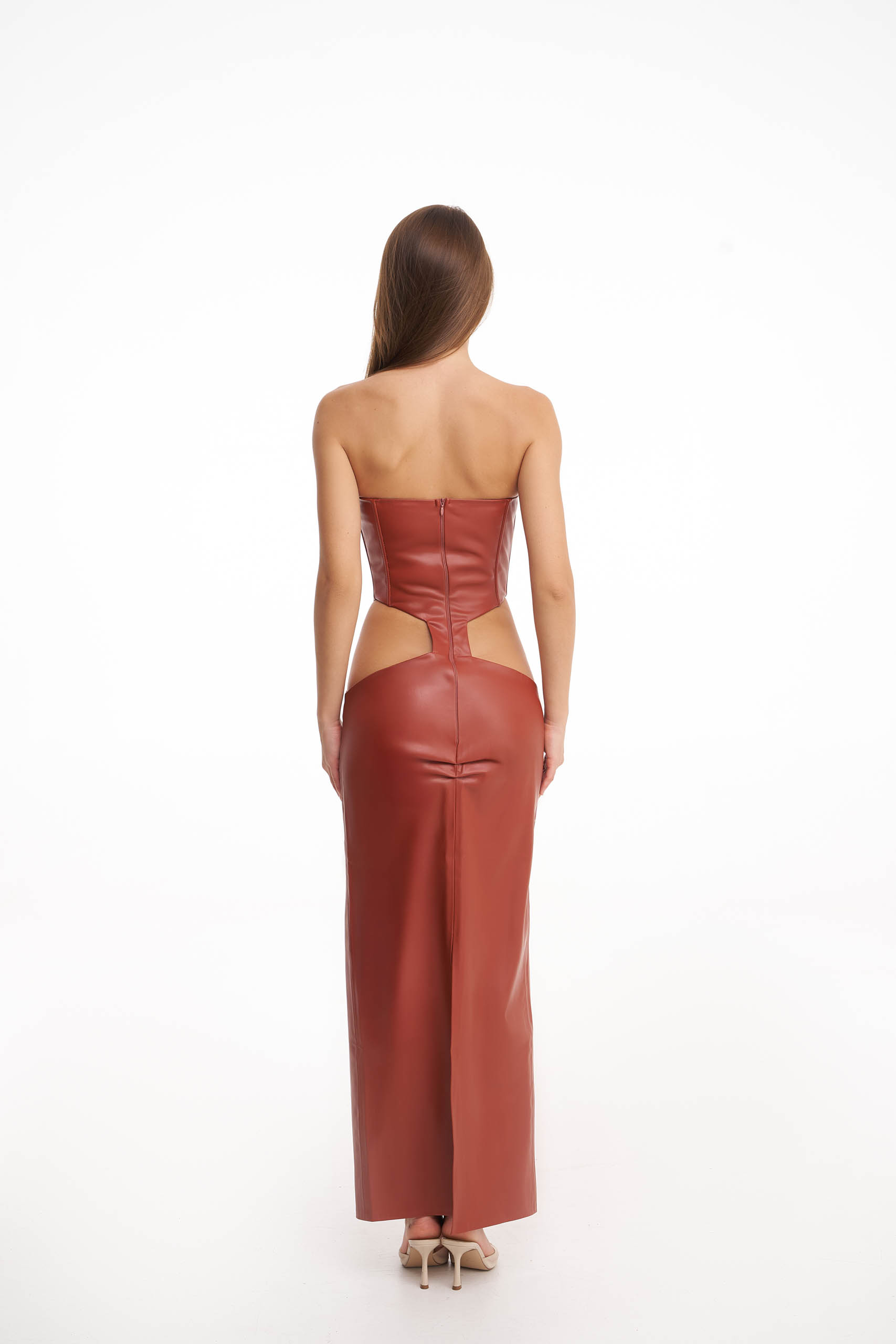 Terracotta corset midi dress with cut-outs