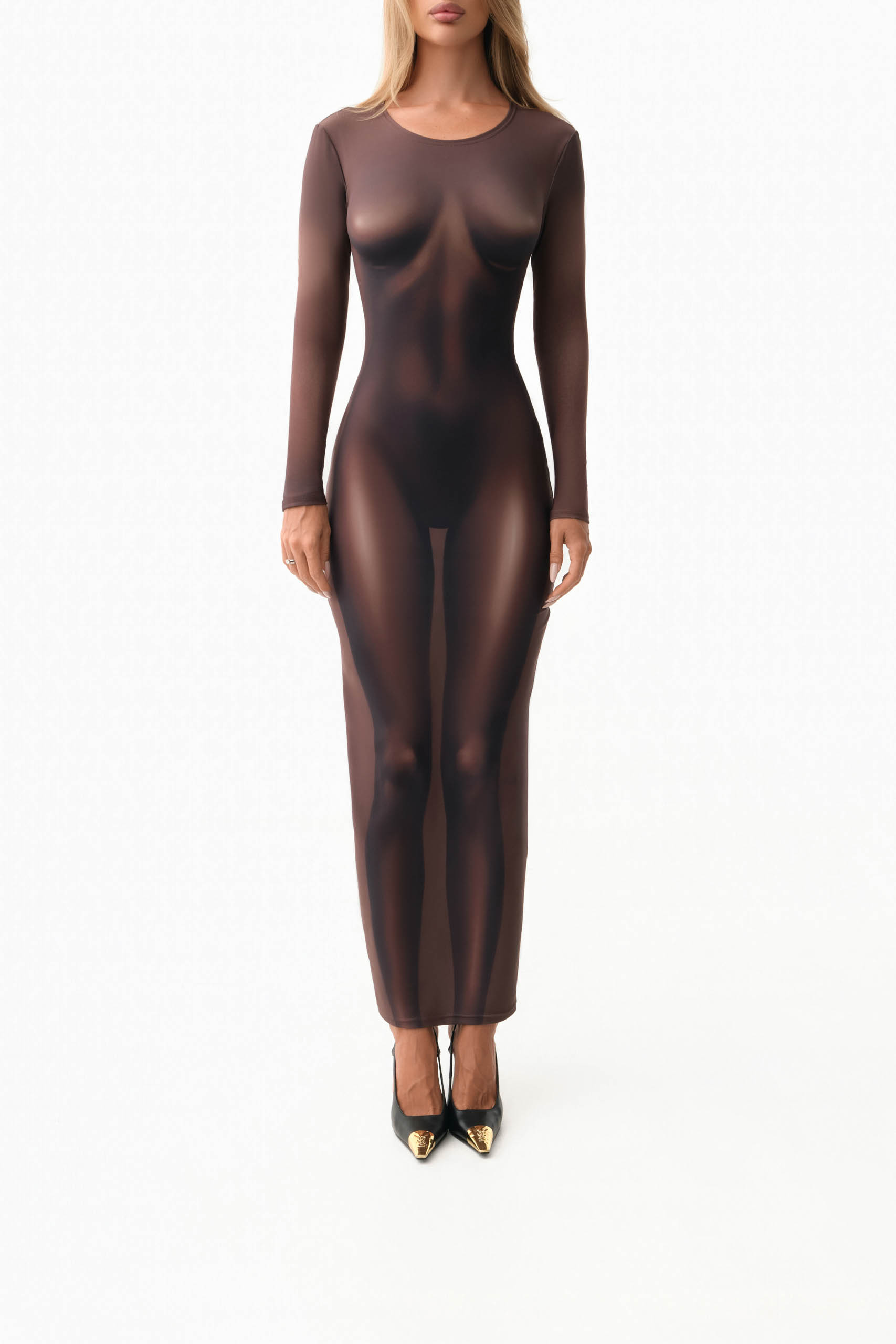 Chocolate brown maxi dress with nude body illusion print