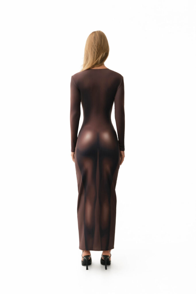 Chocolate brown maxi dress with nude body illusion print