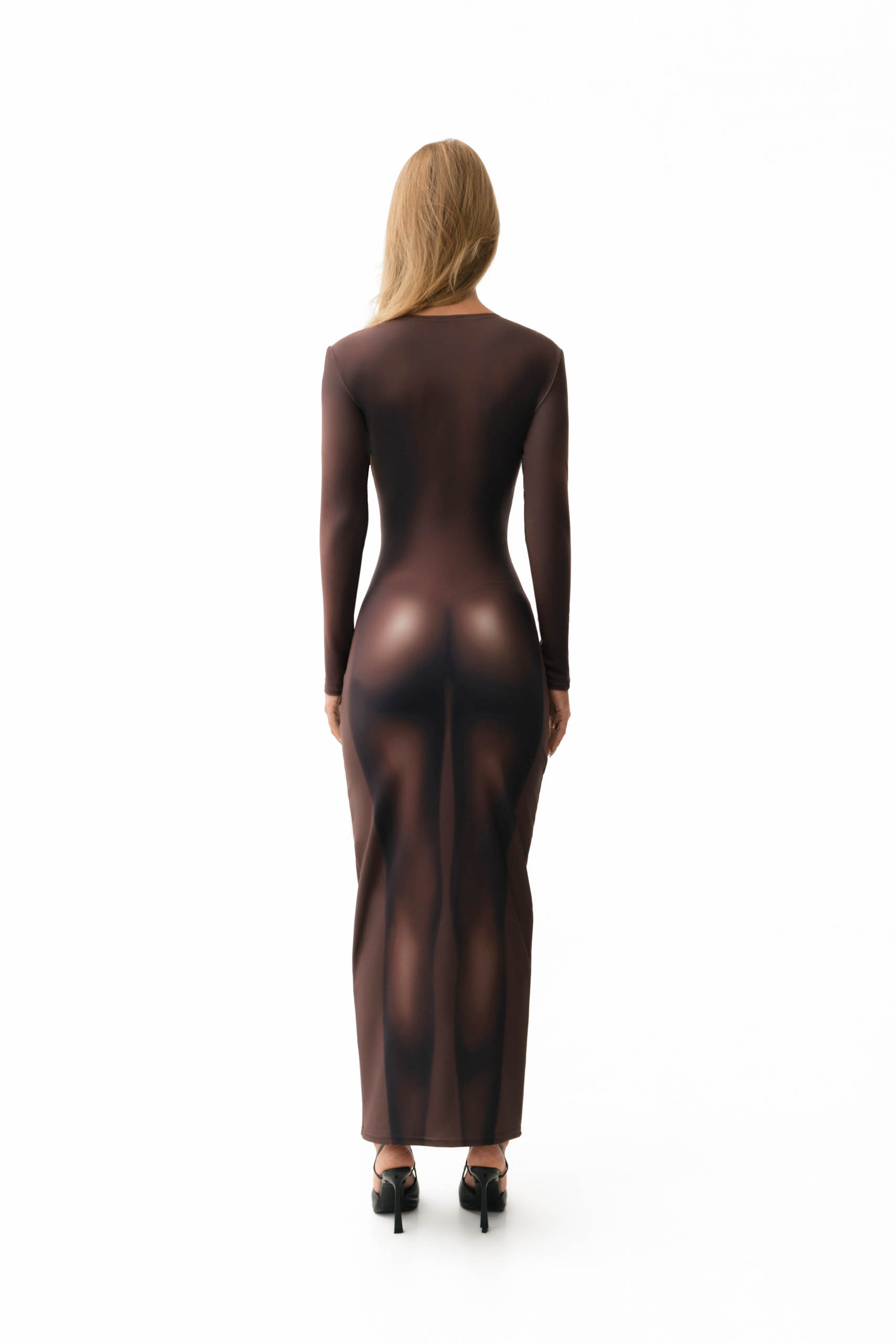 Chocolate brown maxi dress with nude body illusion print