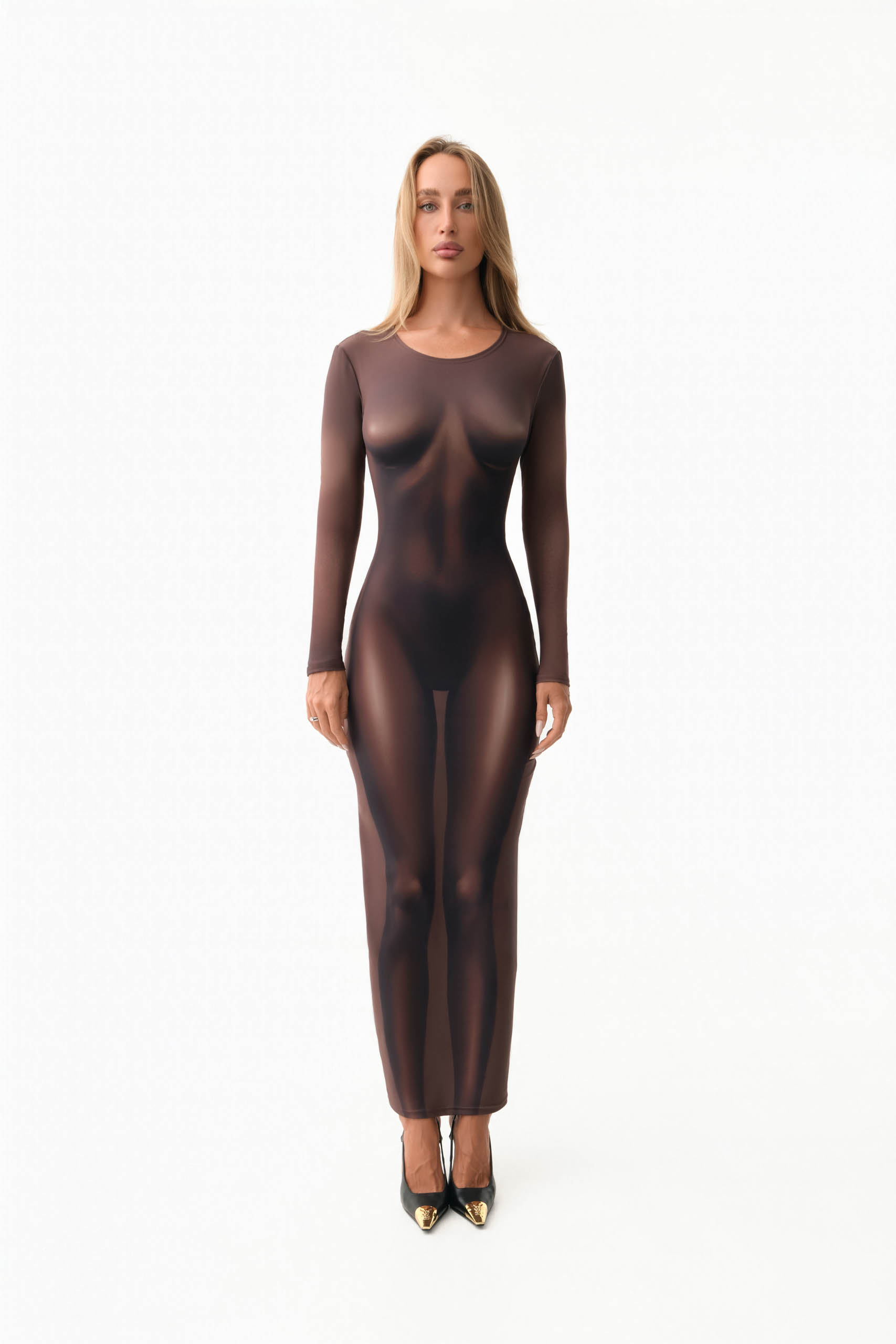 Chocolate brown maxi dress with nude body illusion print
