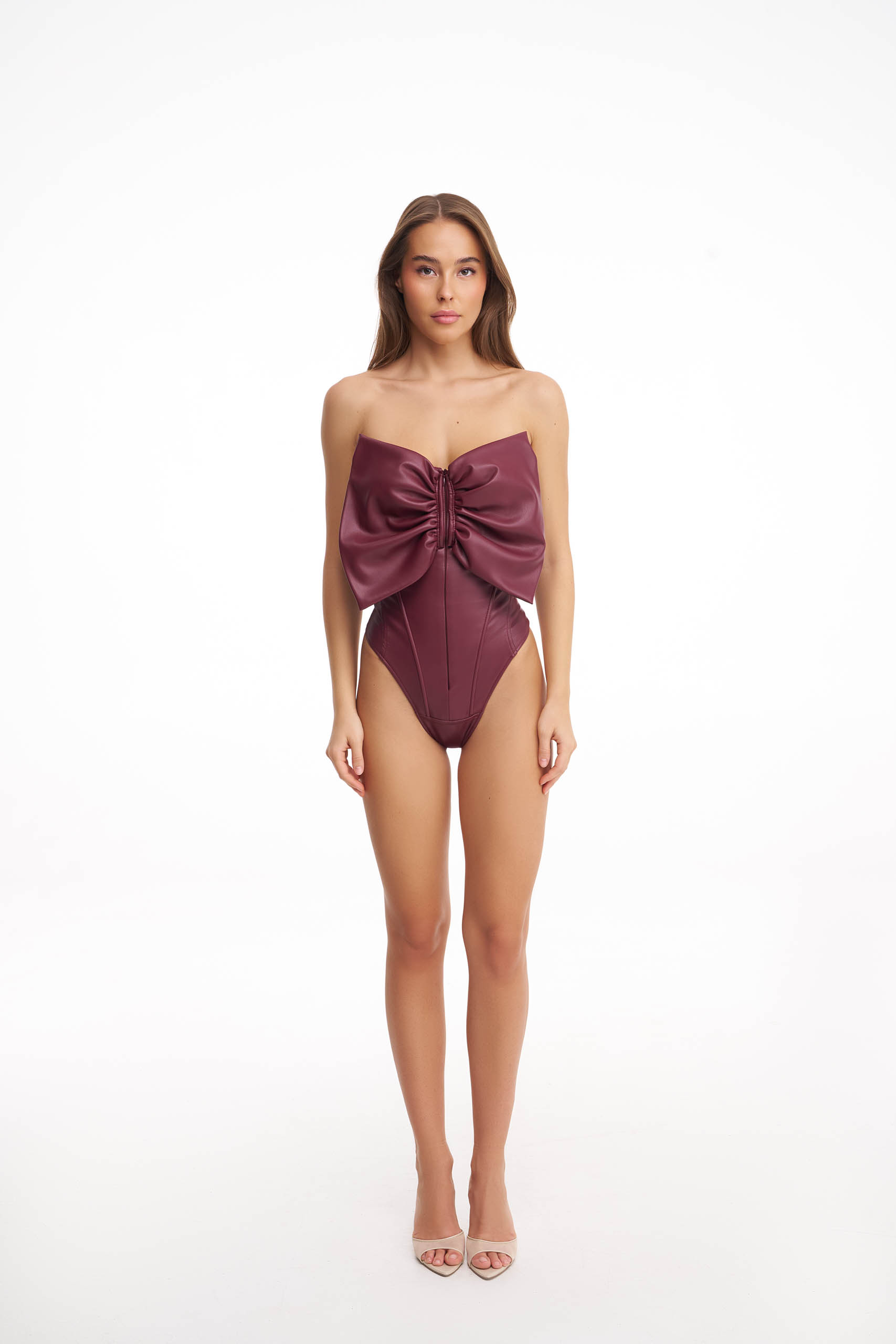 Burgundy corset bodysuit with a bow (SKU 750/13)