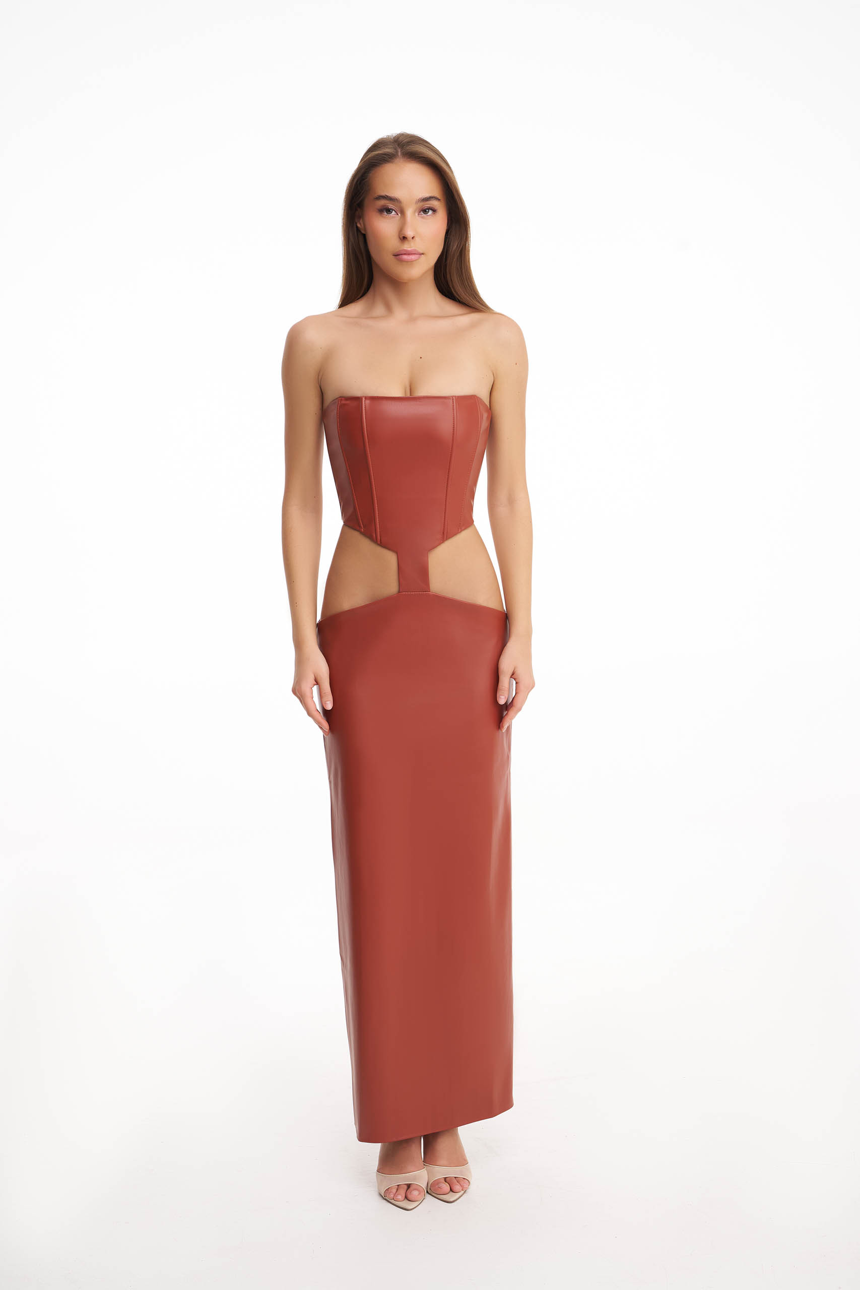 Terracotta corset midi dress with cut-outs