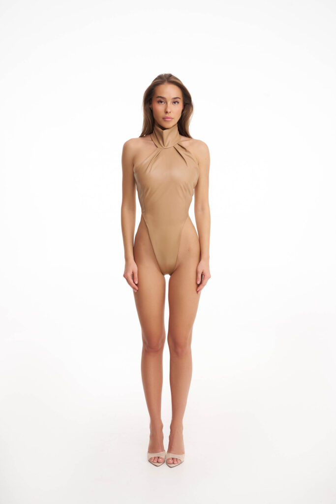 Beige leather bodysuit with cutouts