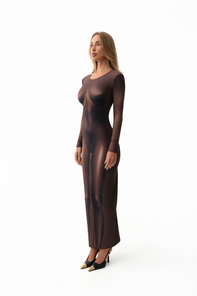 Chocolate brown maxi dress with nude body illusion print