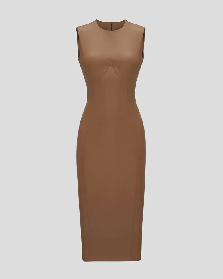 Beige midi dress made of eco leather (SKU 751/3)