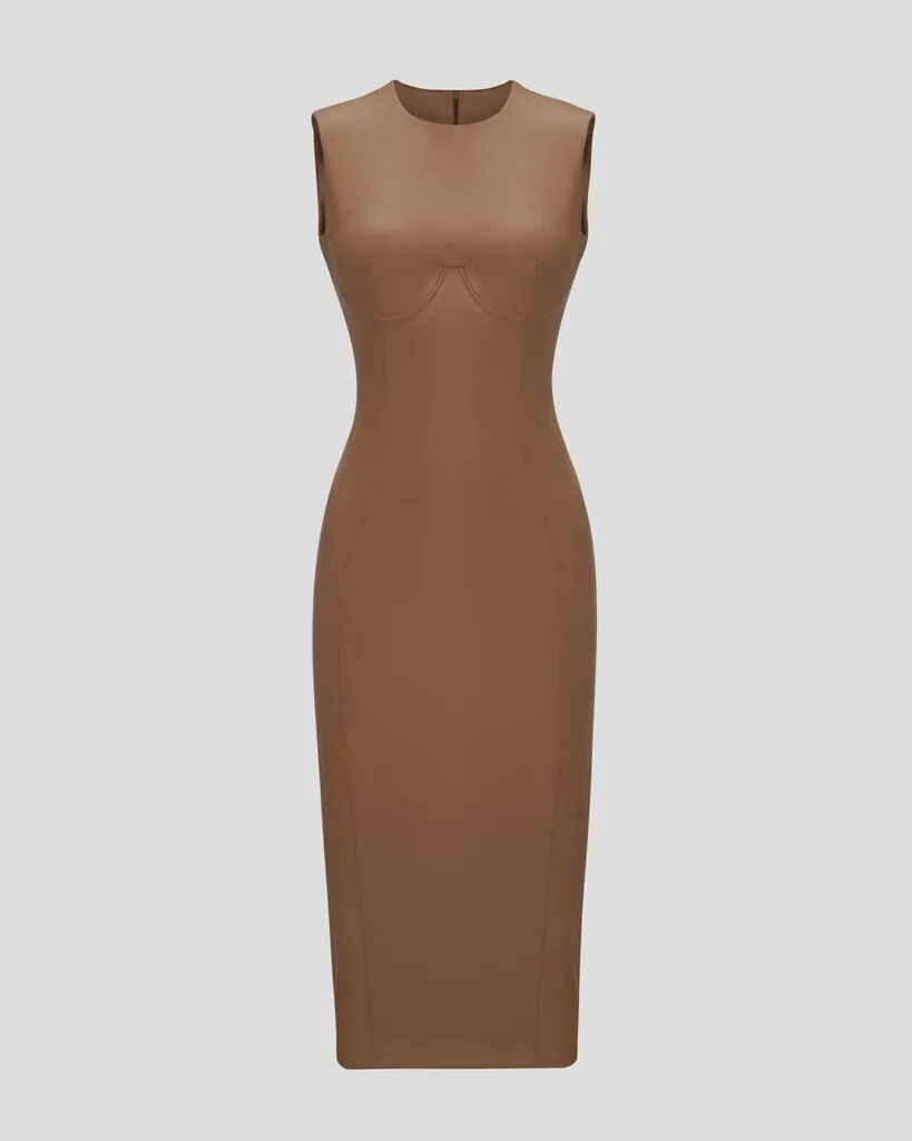 Beige midi dress made of eco leather (SKU 751/3)
