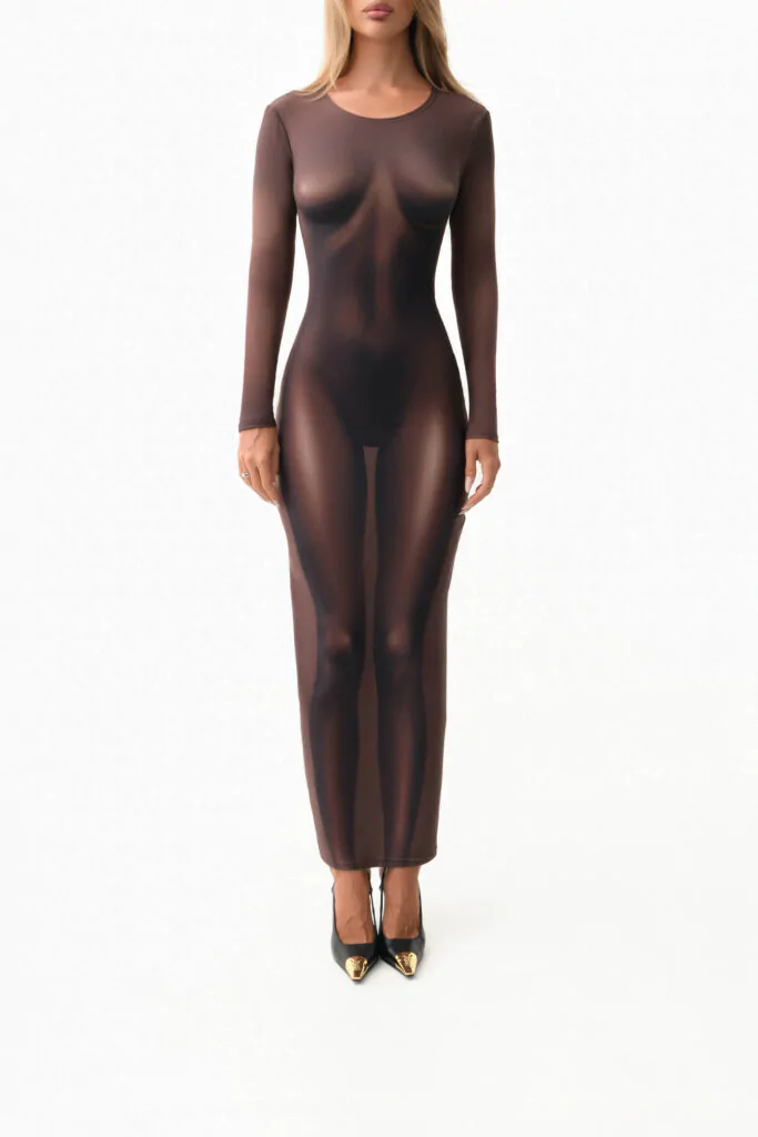 Chocolate brown maxi dress with nude body illusion print