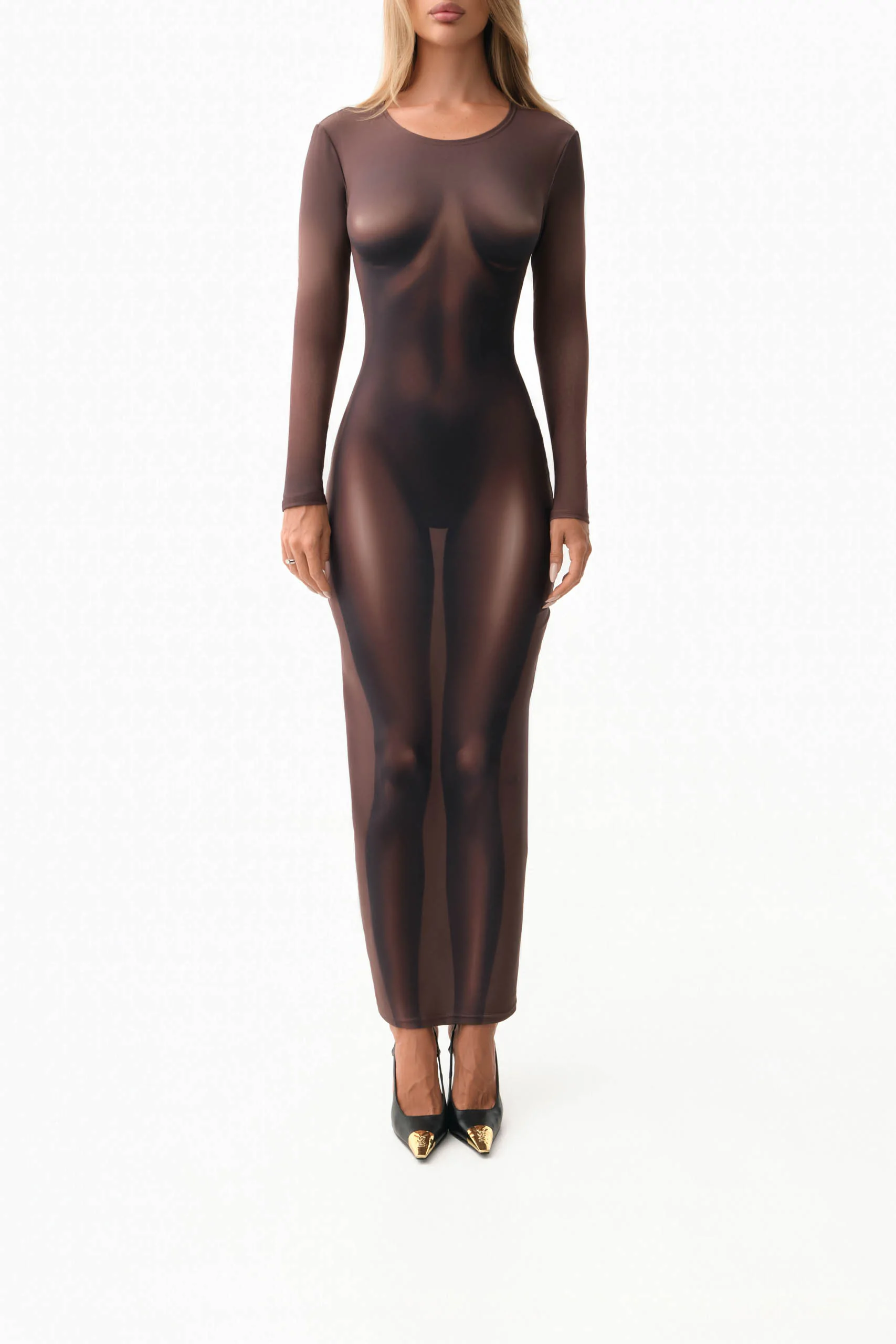 Chocolate brown maxi dress with nude body illusion print
