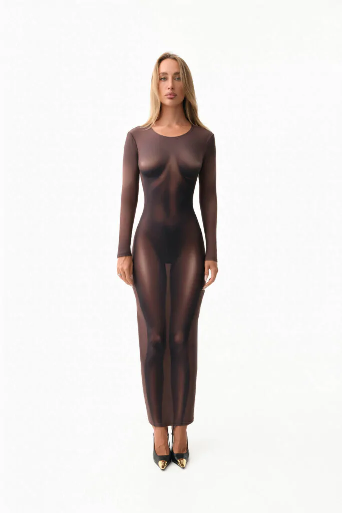 Chocolate brown maxi dress with nude body illusion print