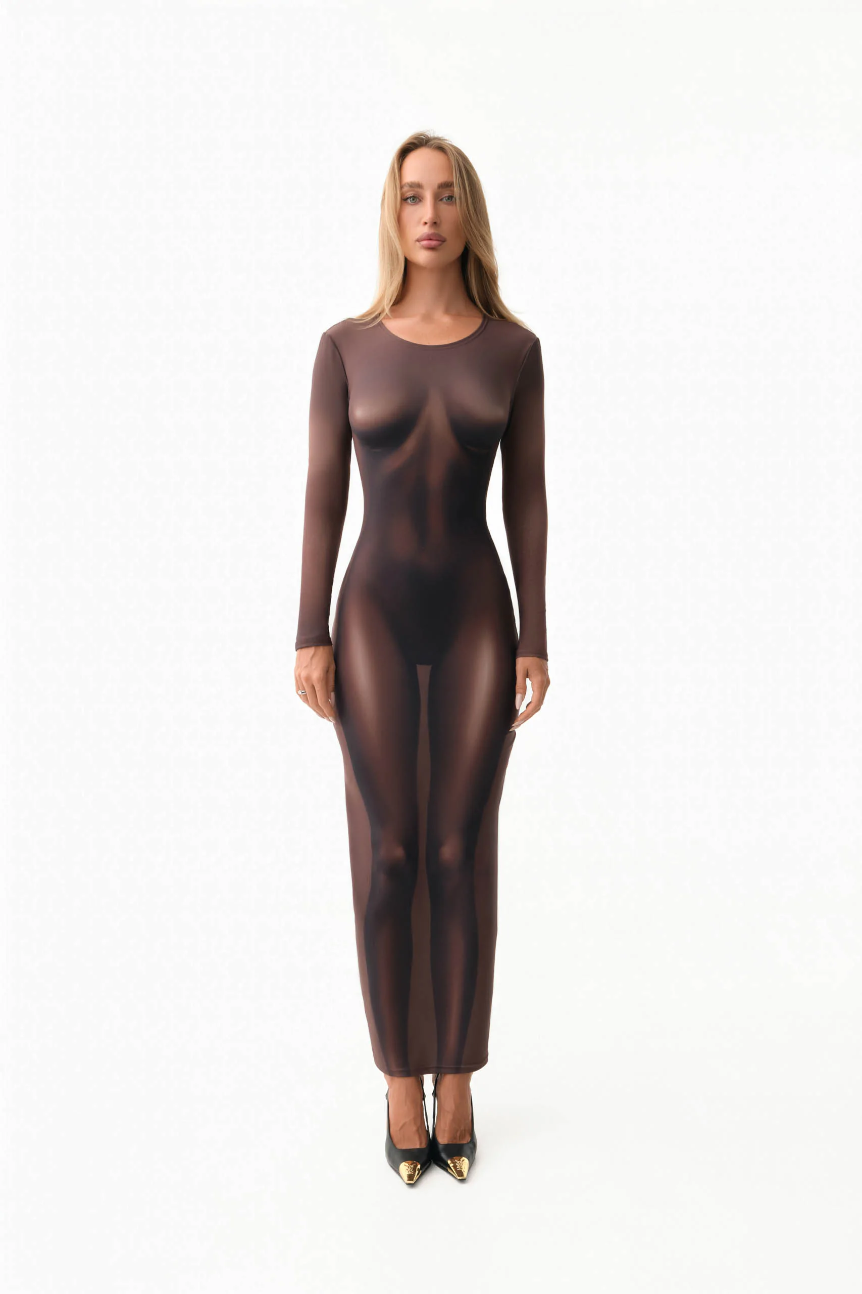 Chocolate brown maxi dress with nude body illusion print